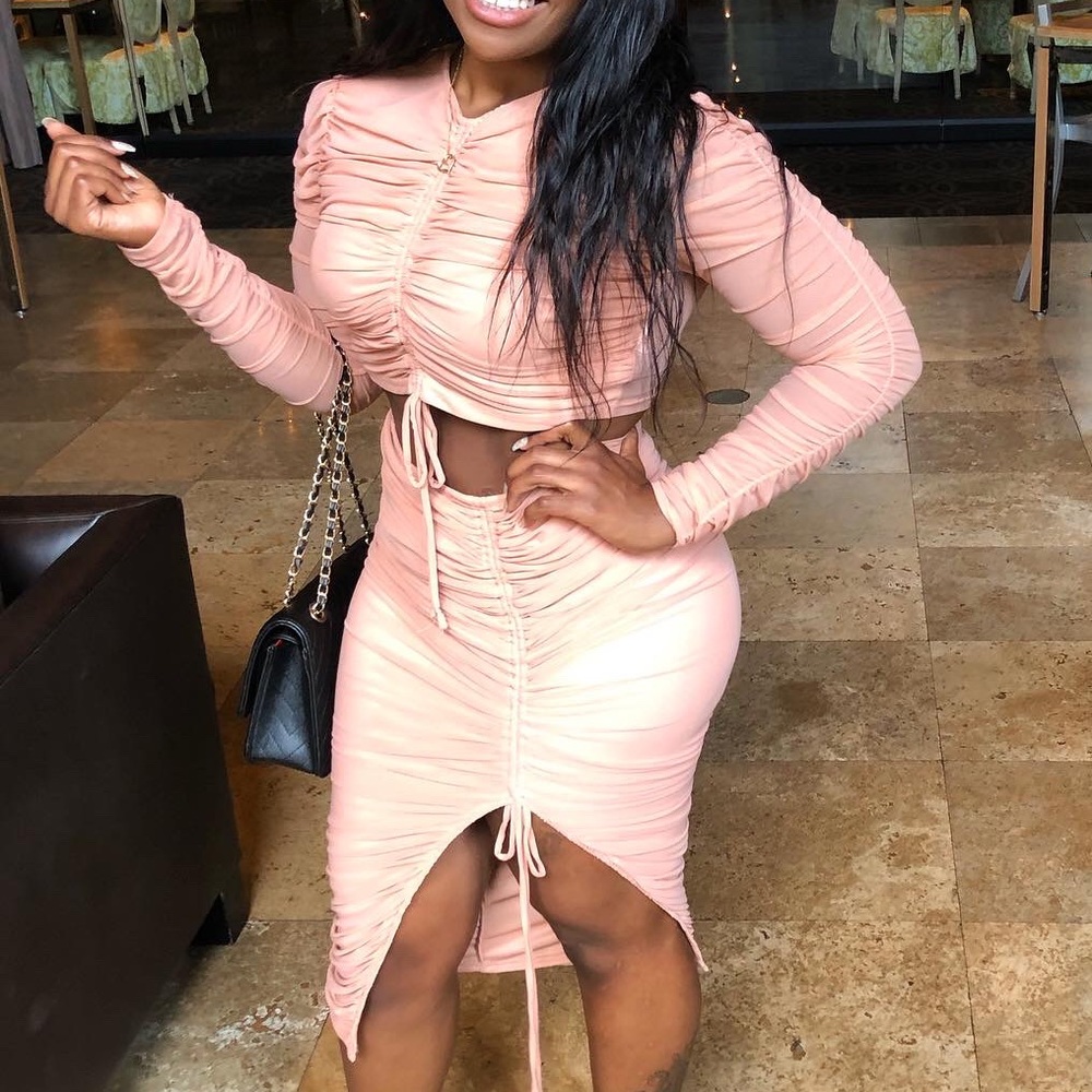 Blush Pink Ruched Long Sleeve Top & Skirt - Set